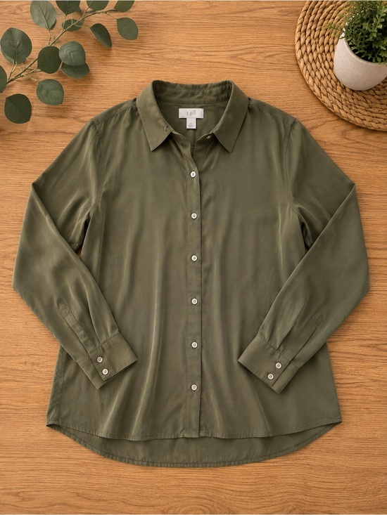J. Jill Tops - J. Jill 100% Silk Olive Green Button Front Blouse Medium EUC